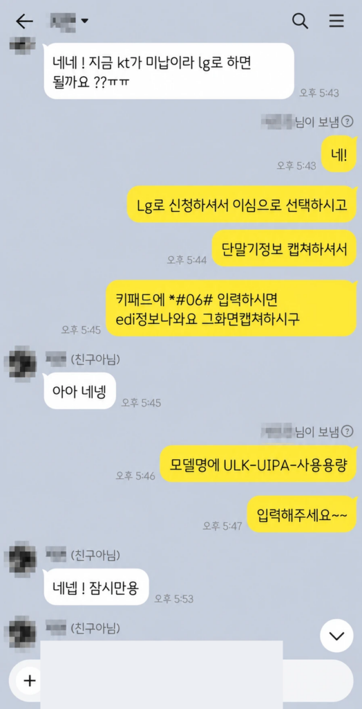 아이폰 에어 선불폰 개통, KT 미납이라 LG로 eSIM 신청하고 단말 정보 캡처하는 카카오톡 상담