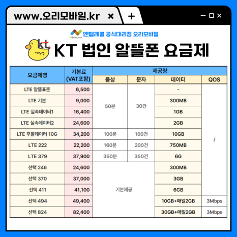 KT망 법인 알뜰폰 요금제표 12종